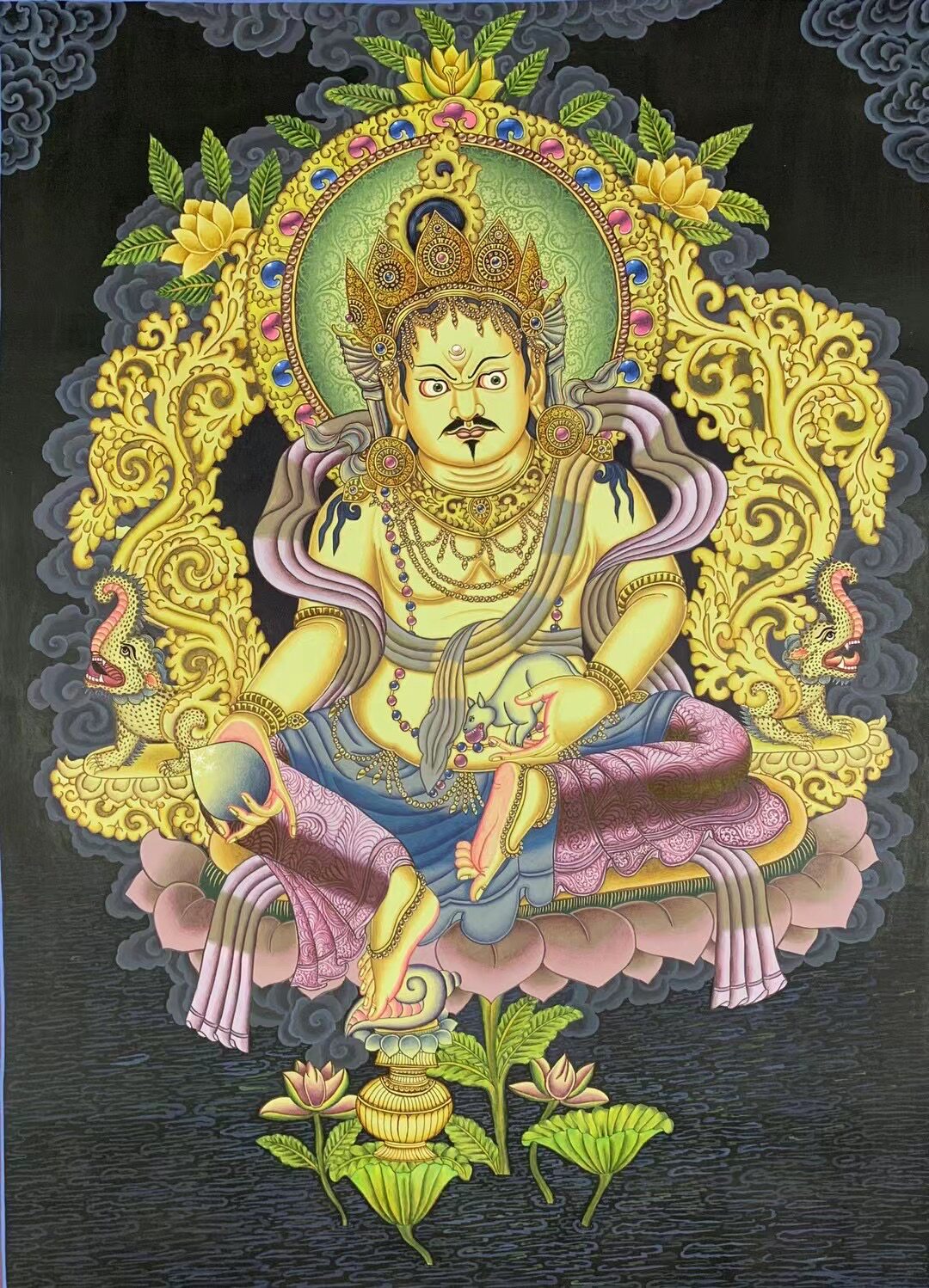 手绘尼泊尔纽瓦力唐卡黄财神客厅玄关办公室茶室装饰挂画名师作品