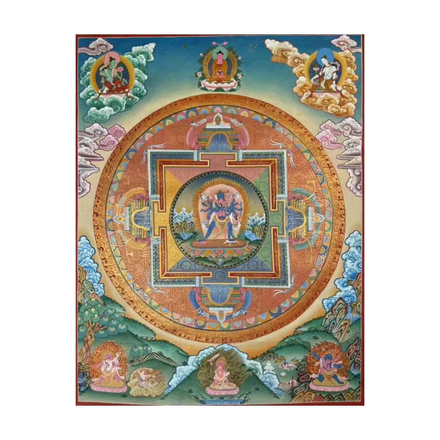 纯手绘尼泊尔唐卡胜乐金刚坛城菩萨财神藏族客厅走廊玄关装饰挂画