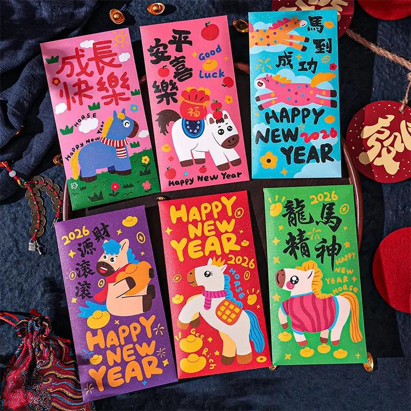 【到手6个】卡通马年插画红包2026新年压岁包创意春节红包袋