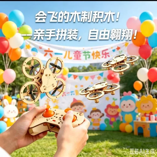 2026新款【轻奢礼物】木质拼装DIY四轴飞行器无人机模型亲子HP