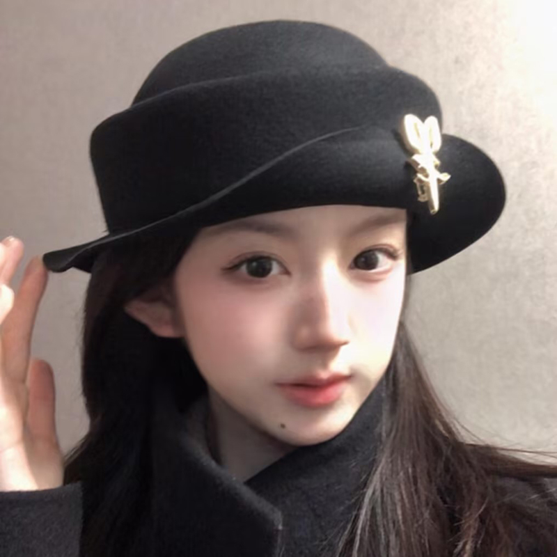 定制款！留洋千金郁金香胸针黑色羊毛礼帽子女秋冬赫本风渔夫帽潮
