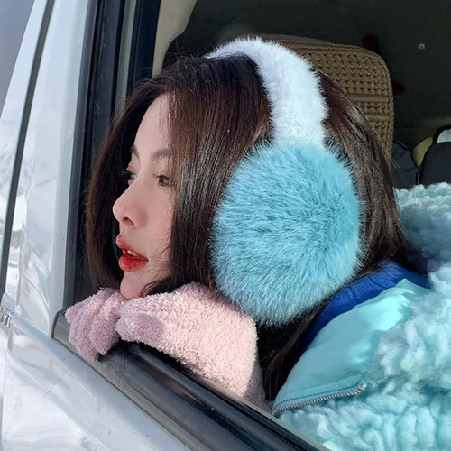 杨超越蓝色仿兔毛耳罩女冬季毛绒绒百搭保暖护耳学生耳捂子耳套