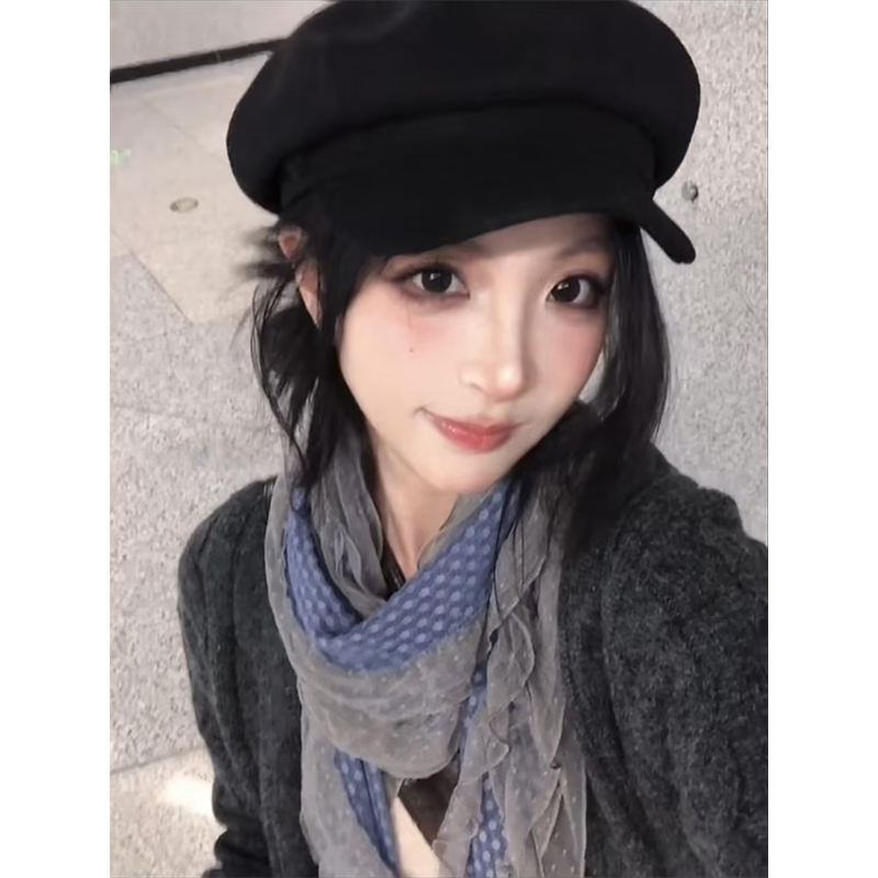 【现货】藤井树同款古着灰蓝波点蕾丝花边围巾外搭荷叶边时髦丝巾