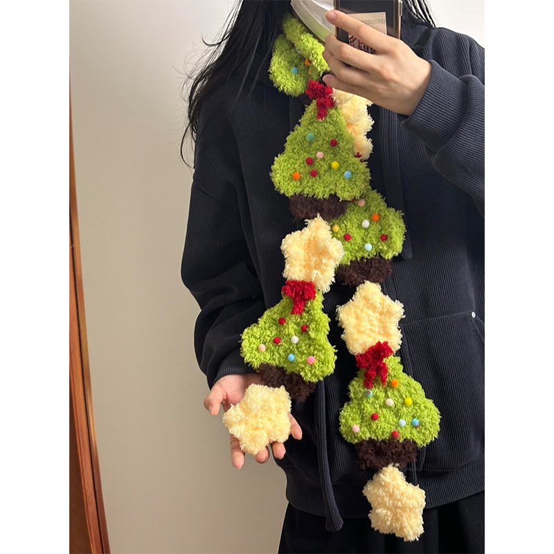【成品】珊瑚绒圣诞树拼接围巾女冬圣诞穿搭装饰diy材料包送礼物