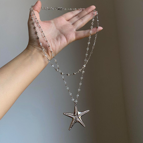 超出片！叠戴双层项链银色海星吊坠长款毛衣链y2k辣妹颈链配饰