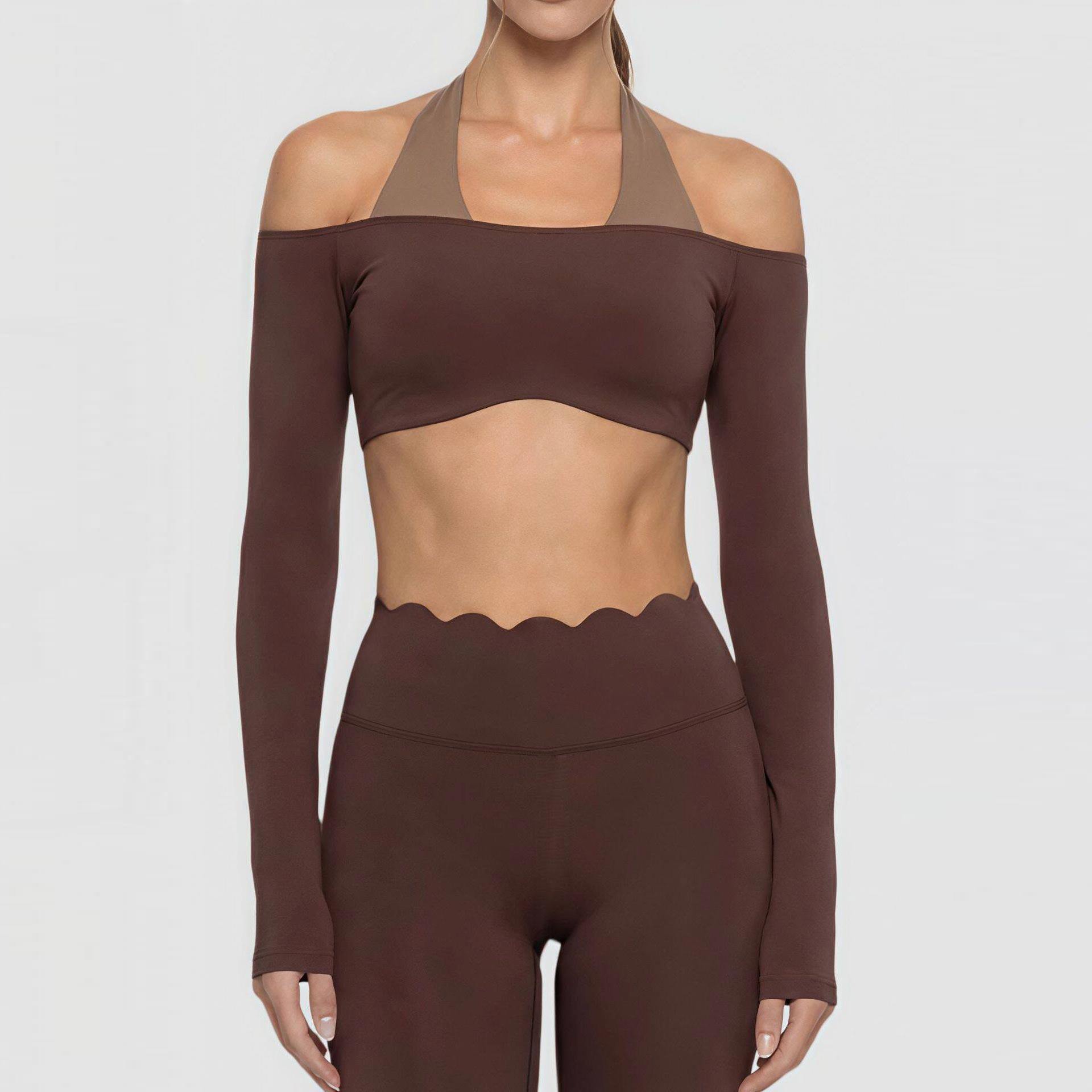 女士磨毛拼色运动长袖带胸垫速干紧身普拉提瑜伽服户外健身上衣