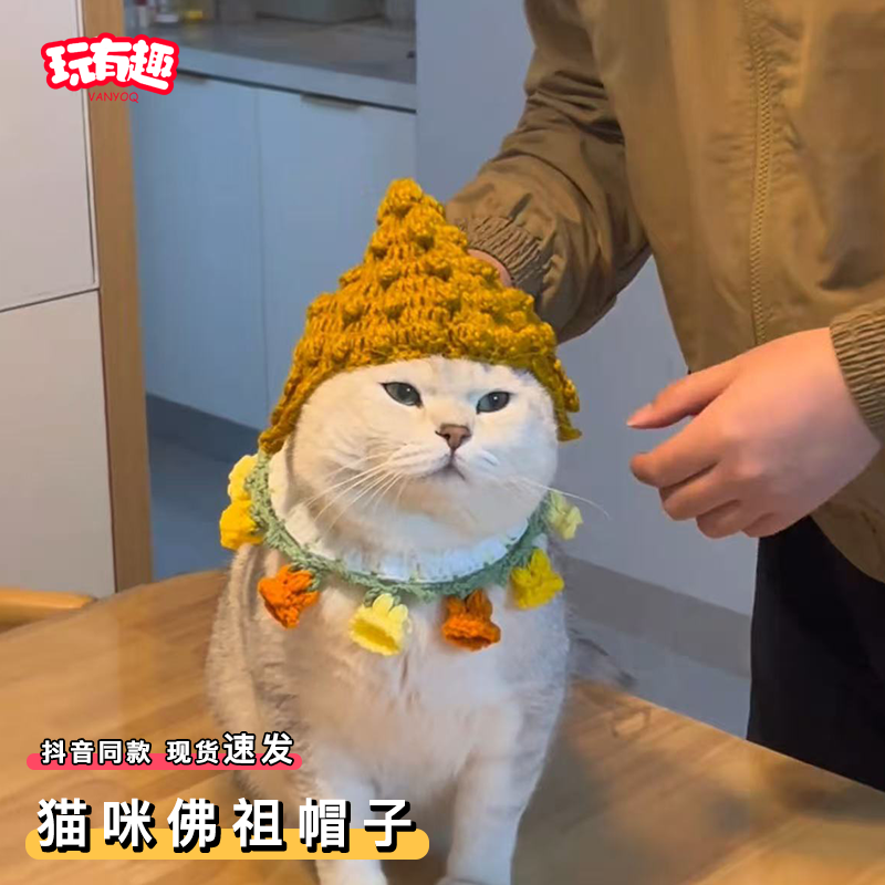 佛祖猫咪帽子冬季毛绒针织头套弥勒佛猪八戒毛线帽子宠物小猫头饰