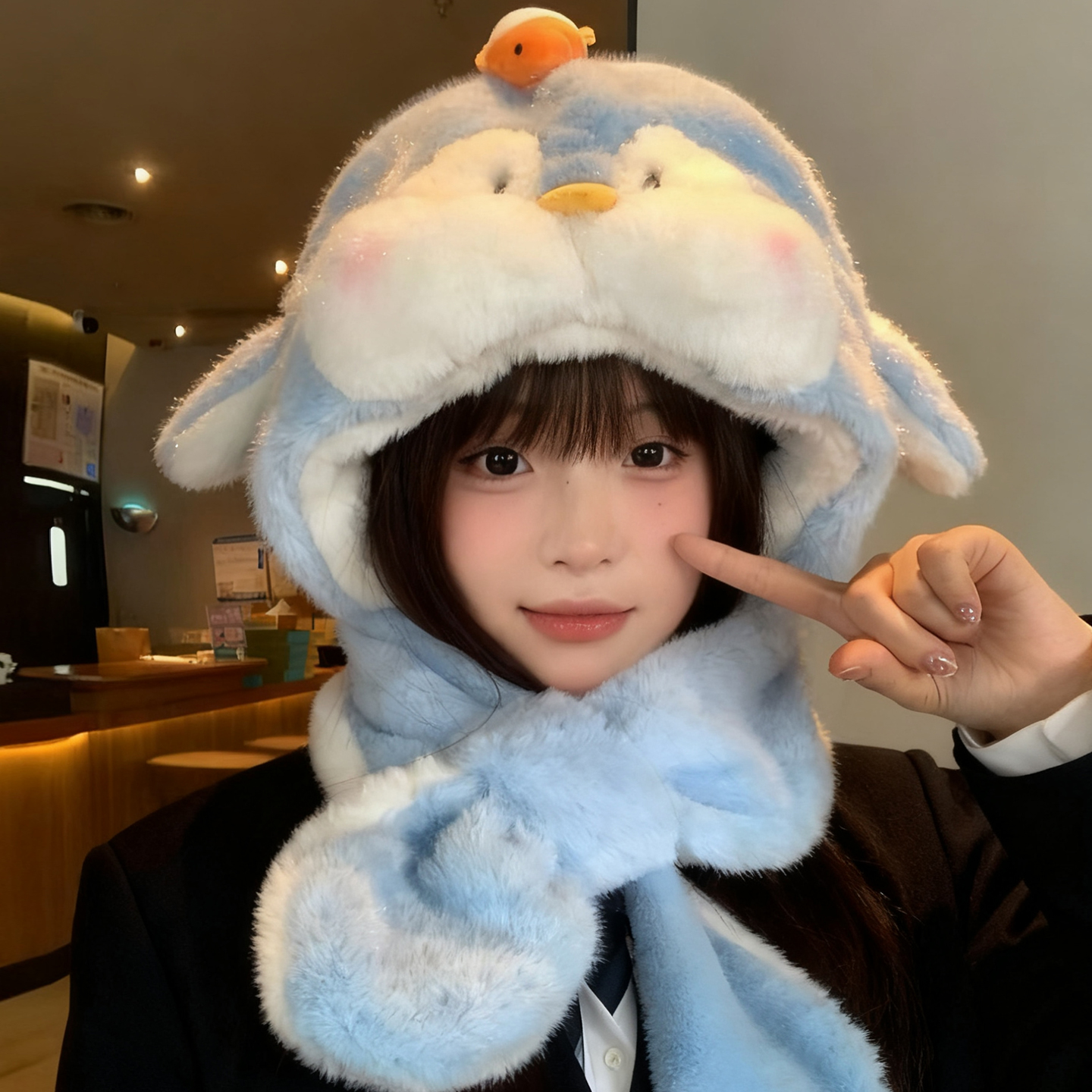 企鹅帽女2025新款冬季加绒厚保暖护耳防寒雷锋帽子围巾一体两件套