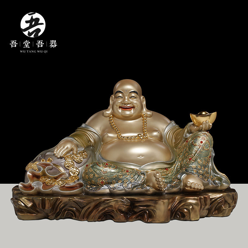 吾堂吾器 全铜《带台宽体笑佛》大肚弥勒佛像神像摆件 办公装饰品