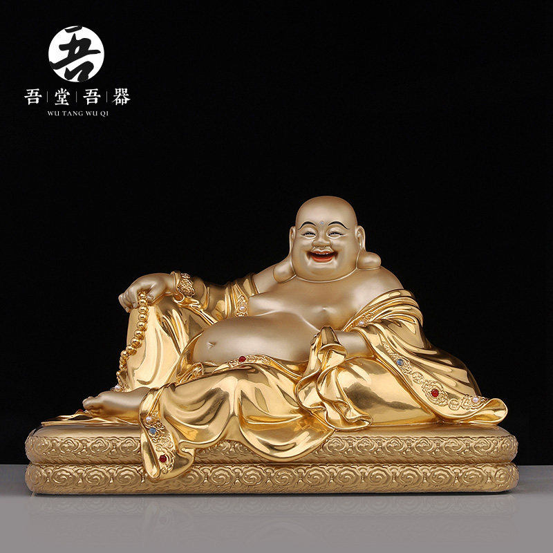吾堂吾器黄铜《坐卧笑佛》掐丝贴金镶宝弥勒佛像摆件家居工艺品_虎窝淘