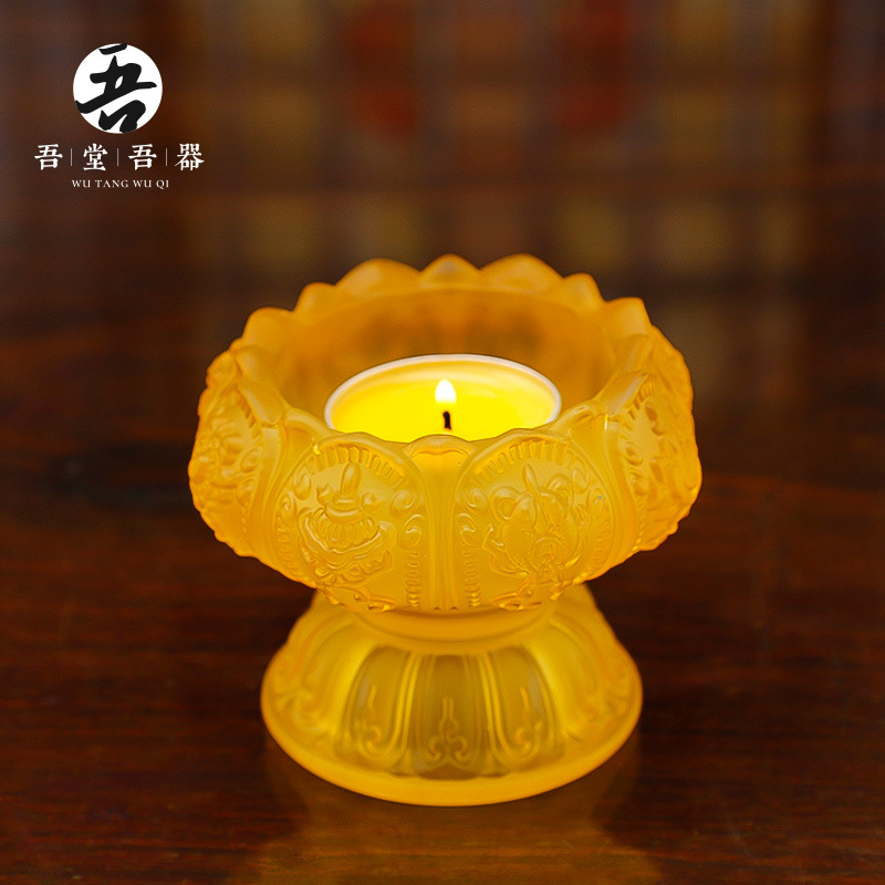 七彩莲花酥油灯灯盏蜡烛台座八吉祥家用供佛琉璃烛台灯座佛具用品