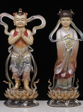 速发20财5 黄铜《善2童子龙》掐丝镶金工像摆件 家居佛艺品