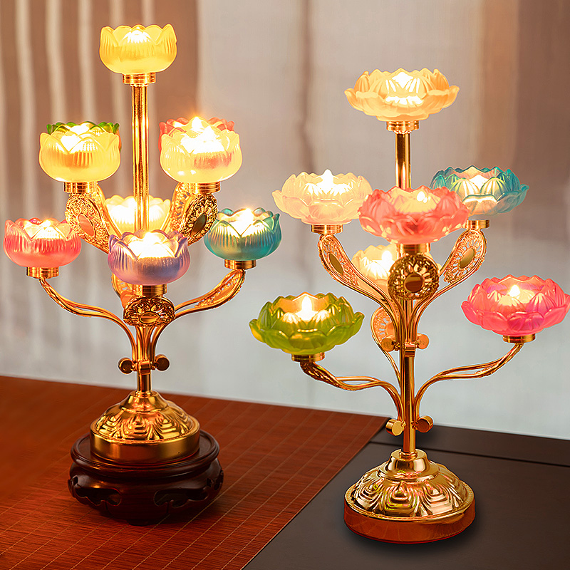 琉璃酥油灯架家用七品九品蜡烛烛台佛前供奉七彩供灯蜡烛底座摆件