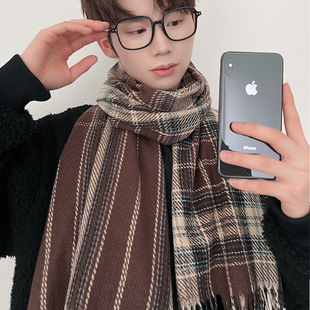 男款格子围巾学生冬季保暖百搭韩版厚围脖日系高级送男友礼物情侣