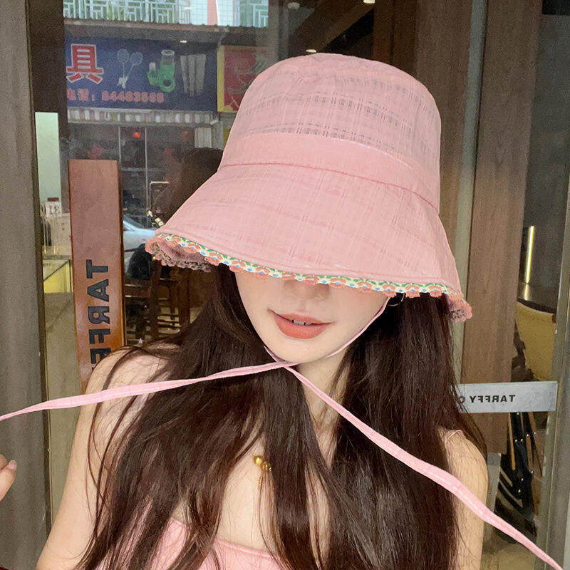 甜美花朵渔夫帽女春夏大檐防晒遮阳显脸小可折叠盆帽草木花边温柔
