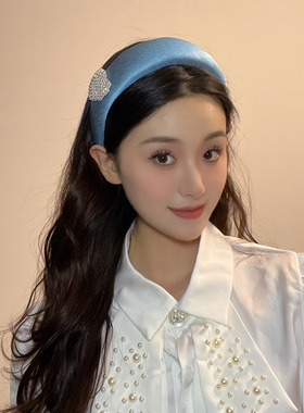 明星同款牛仔蓝色珍珠发箍发箍女日常外出发饰高级感新款宽边头箍