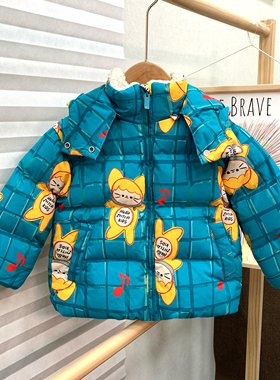花T彩专柜huo儿童秋冬满印加厚可爱连帽羽绒服外套90-130