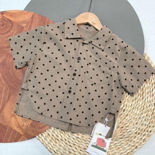 HOHO宝宝男童夏季新款轻薄纯棉衬衫波点灰色衬衣儿童短袖上衣