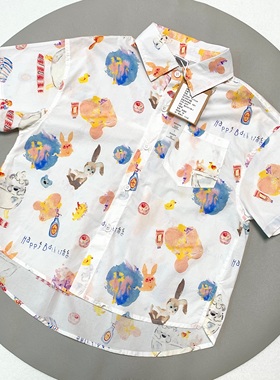 09021零一正品儿童薄款夏装漫画满印中大童男童纯棉韩版短袖衬衫