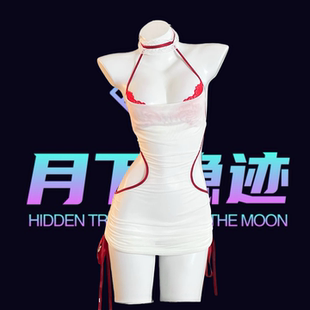 月下隐迹性感火辣情侣约会护士制服蕾丝文胸网纱透视挂脖连身裙女