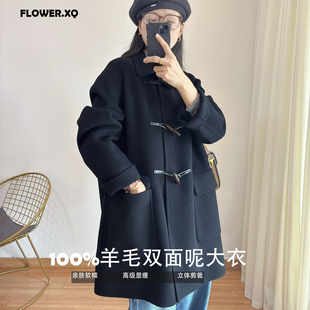 胖mm黑色双面呢大衣女牛角扣显瘦大码毛呢外套高级感200斤正肩潮
