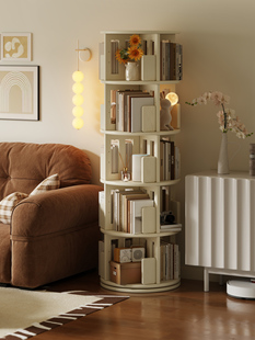 实木旋转书架落地圆形360度客厅置物绘本收纳架儿童不占空间白色