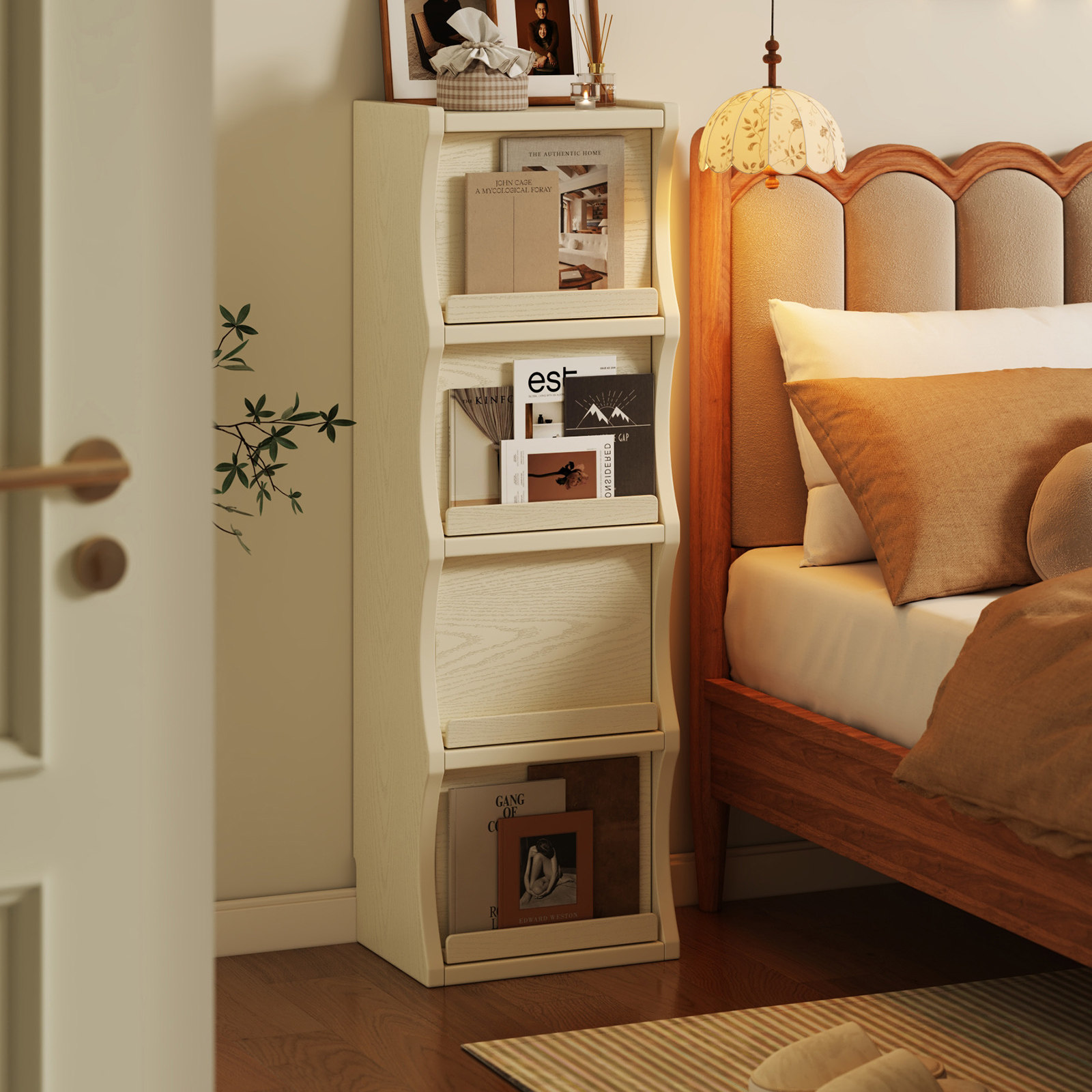 卧室床头柜书柜实木多层置物柜上翻门免安装落地储物柜白色床尾柜