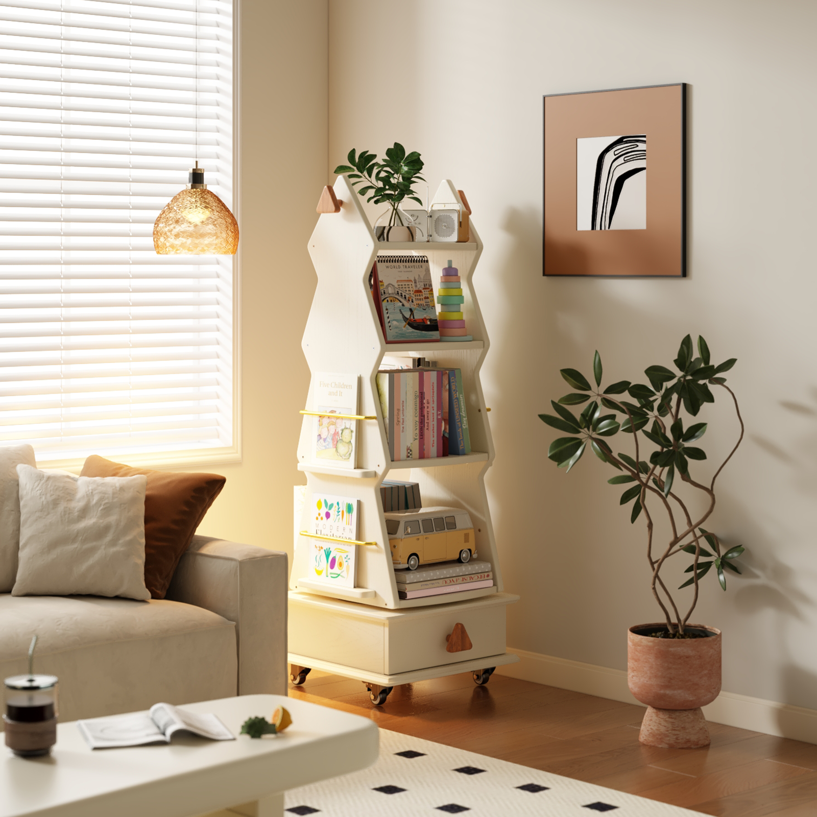 美冉家居客厅儿童旋转书架可移动