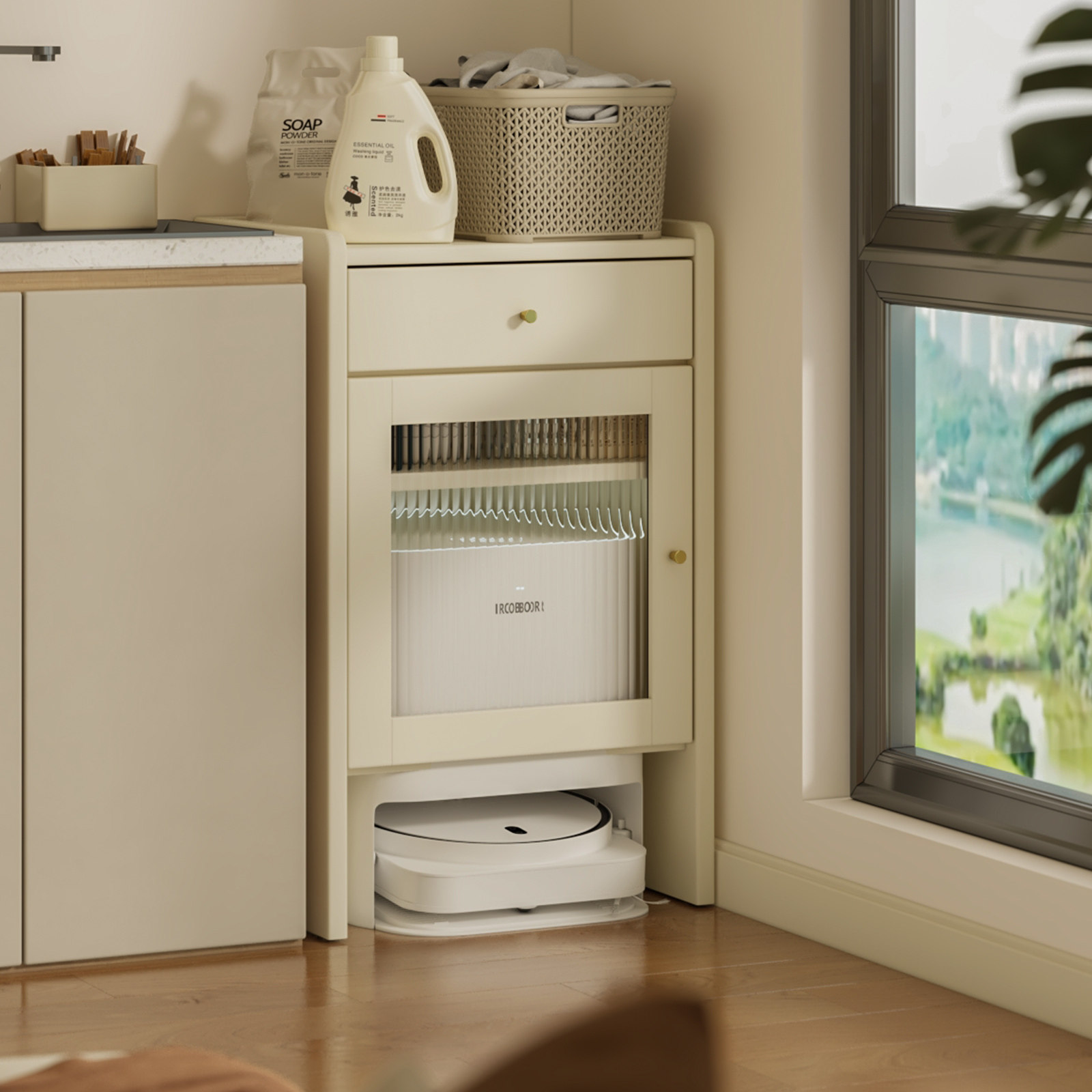 扫地机器人柜基站收纳实木客厅阳台遮挡专用可移动置物边柜隐藏柜