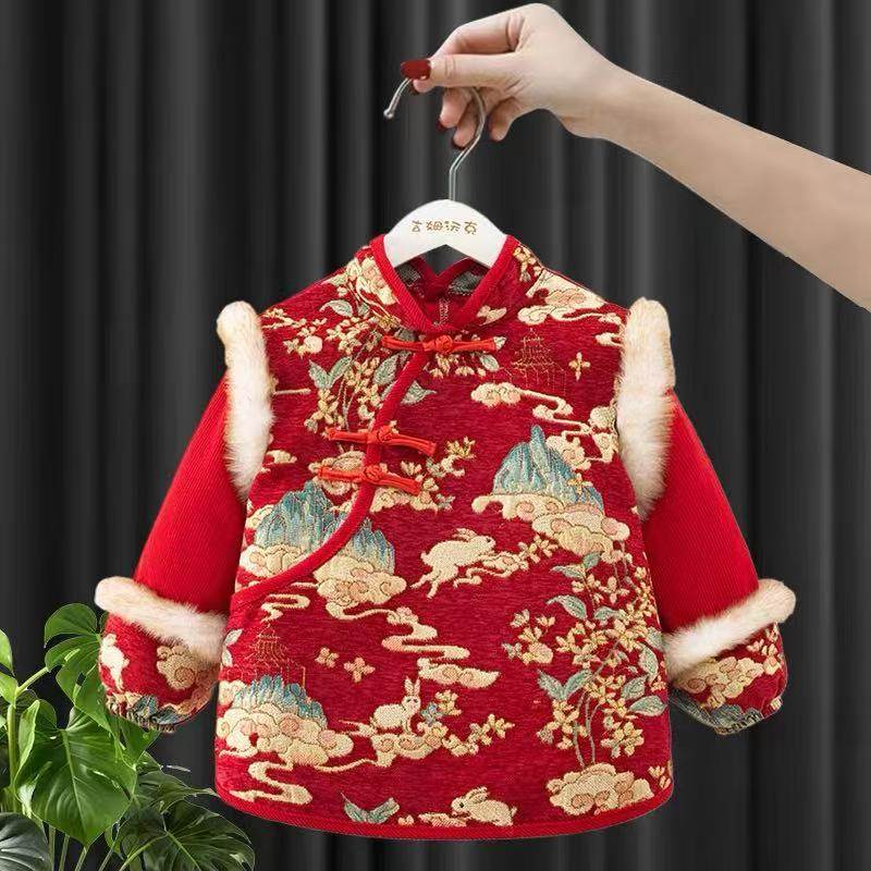 中国风儿童唐装汉服刺绣拜年服吃饭围兜男女宝宝防水罩衣春节围裙