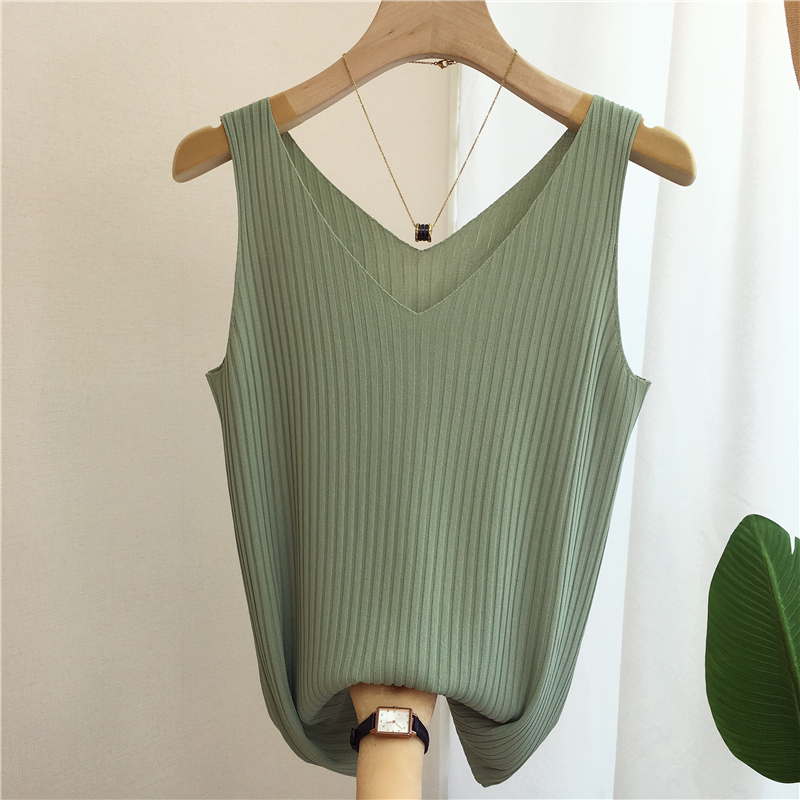 Áo Ba Lỗ Dệt Kim Lụa Bóng Áo Hai Dây Cổ Tròn Vai Rộng Dáng Gầy Mùa Hè Cho Nữ Không Tay Áo Mặc Trong Dễ Phối Kiểu Mỏng Phong Cách Hồng Kông Sành Điệu