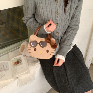 禾果卡通猫头毛绒手提包女可爱小众百搭单肩斜挎包单肩包拉链女包