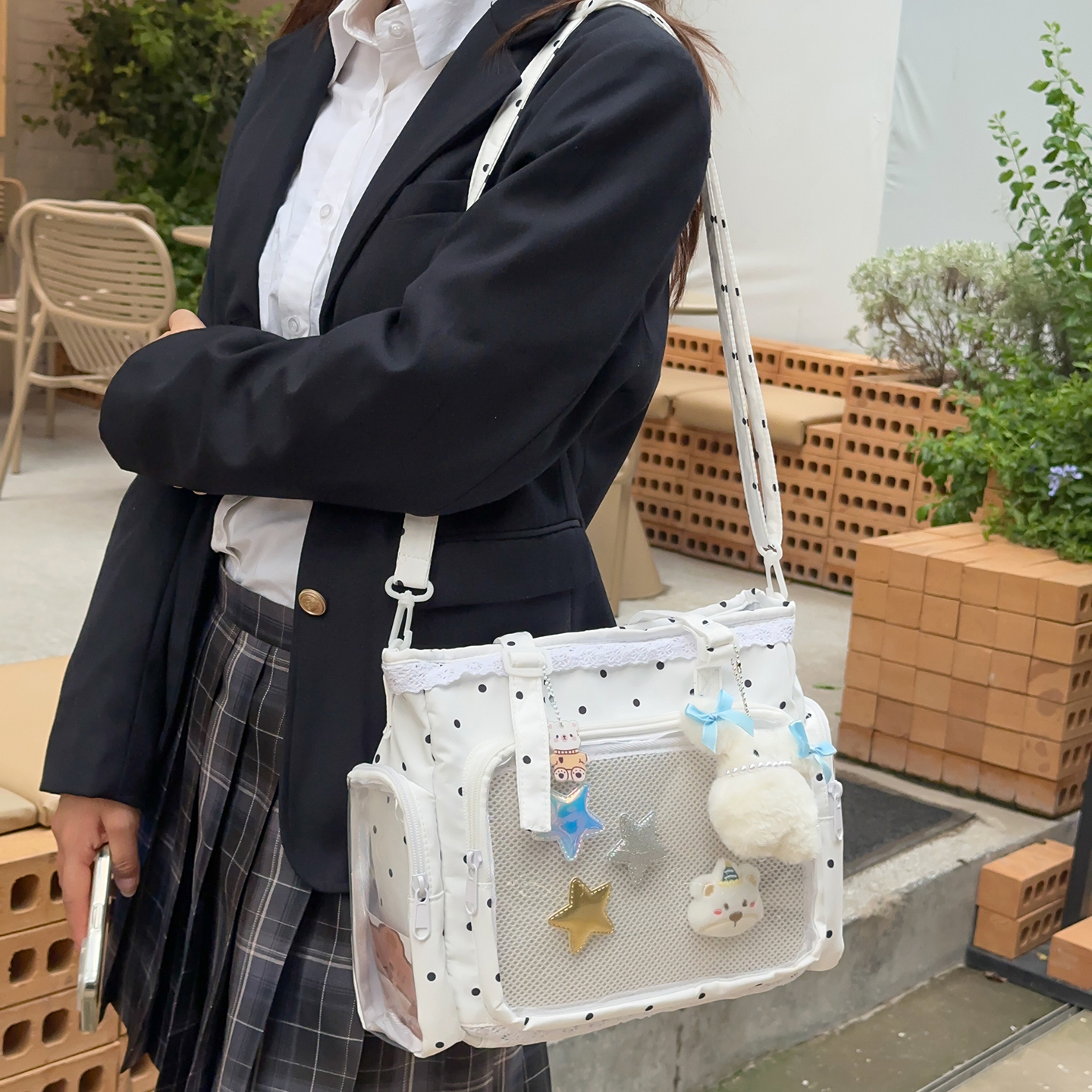 禾果可爱波点透明痛包女二次元大容量学生斜挎包学院风日常休闲