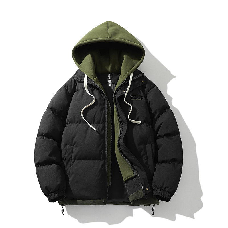 羽绒服男士外套冬季假两件连帽保暖棉服青少年学生男款冬装男棉袄