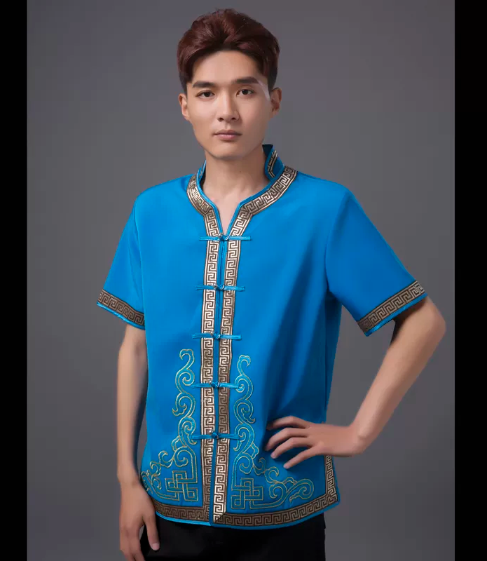 夏季男士蒙古族短袖开衫立领民族服装短款蒙古餐厅服务员工装蒙族