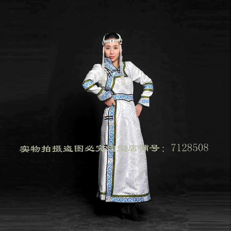 蒙古族服装女士舞台演出服长款白色缎面女蒙古袍蒙族婚礼伴娘礼服