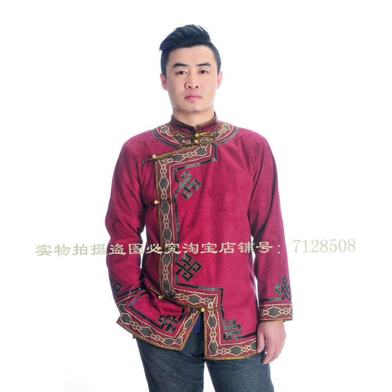 蒙古族舞蹈服蒙古族演出服时尚男蒙古袍仿鹿皮绒男士马头琴服装
