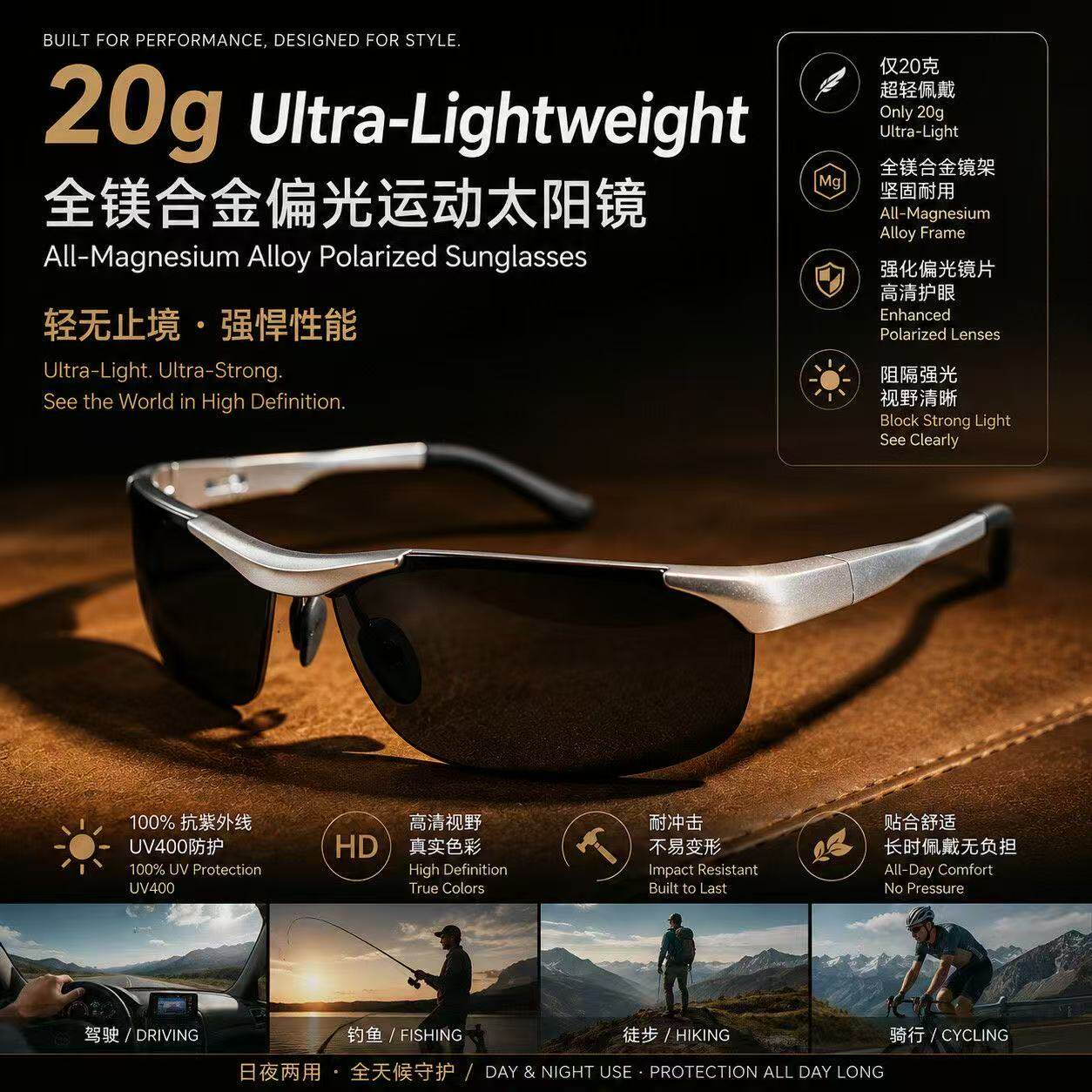 美国品牌Clara Vida磨砂银全铝镁合金运动驾驶户外加强偏光太阳镜