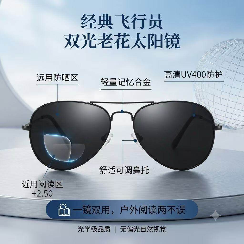 美国品牌Clara Vida经典飞行员款双光老花镜免摘戴太阳镜一体