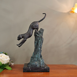 复古豹子雕塑摆件铜工艺品家居装 饰艺术客厅书房桌面摆设高39厘米