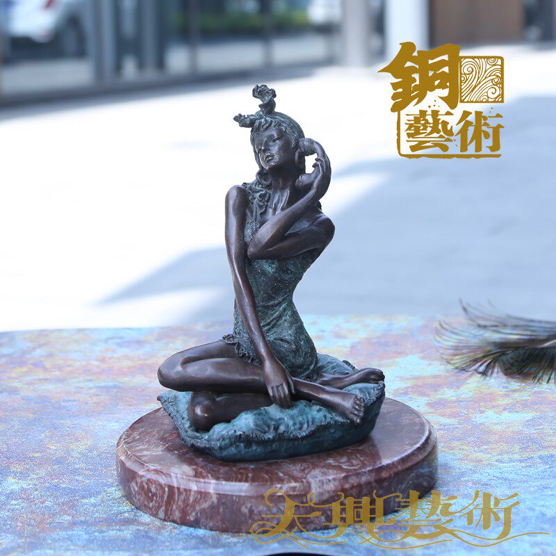 纯铜摆件工艺品打电话少女 欧式铜工艺品 美式客厅装饰品24cm