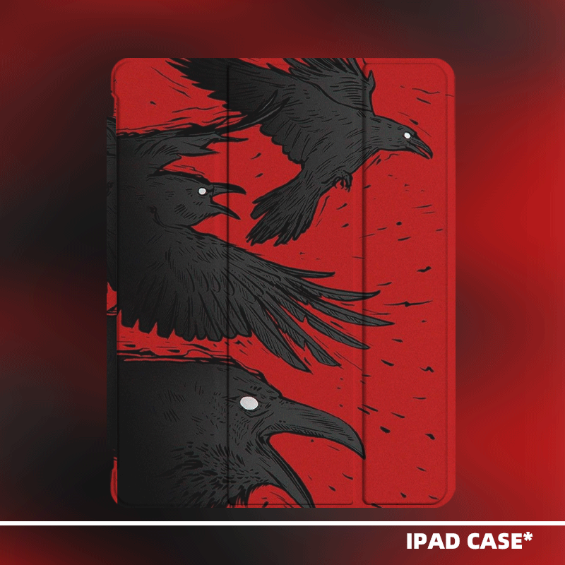 原创小众暗黑风红色乌鸦适用11代2025款air7ipadpro11寸三折ipad壳防弯亚克力平板壳10.2寸air4/5mini6带笔槽