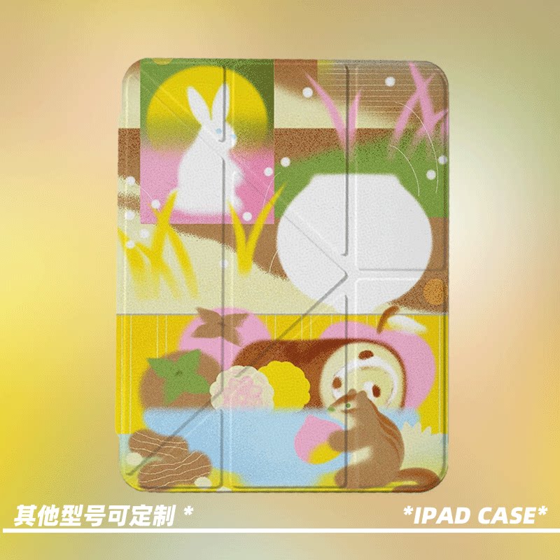 原创艺术兔子松鼠第11代2026款air8ipadpro11寸三折ipad壳防弯y折亚克力a16平板壳9代10.2寸air7带笔槽