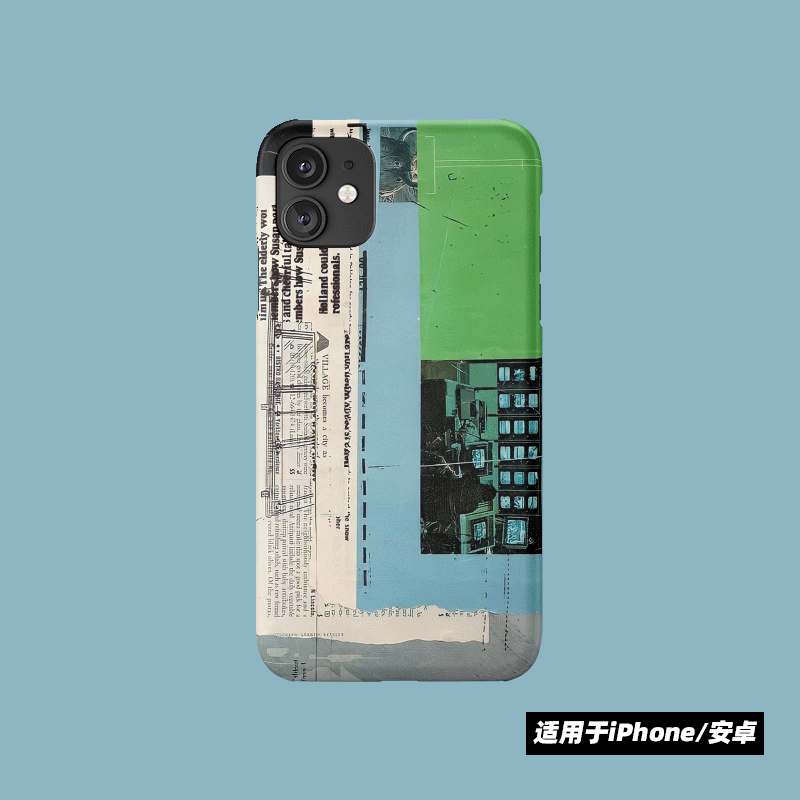 原创小众复古拼接蓝绿图像iphone16promax手机壳13苹果14磨砂软壳15pro适用于华为mate60pro