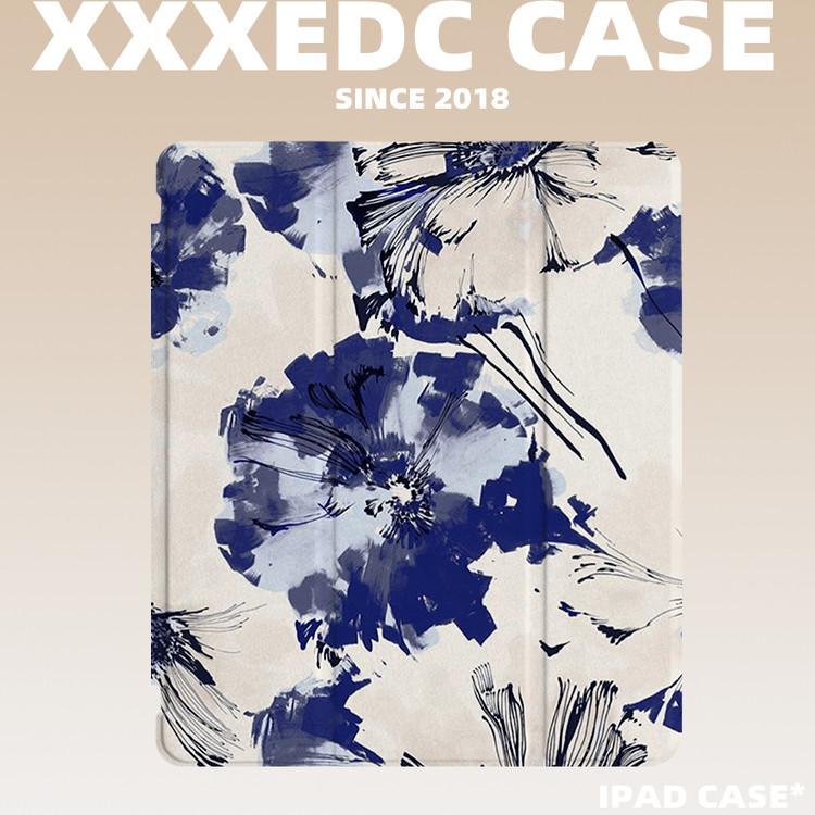 原创复古新中国风瓷器蓝花朵2024款air6ipadpro11寸三折ipad保护壳防弯亚克力9代10.2寸air4/5/mini6带笔槽