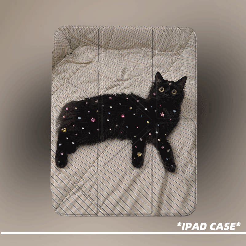原创y2k彩钻黑猫第11代2026款air8ipadpro11寸三折ipad壳防弯y折亚克力a16平板壳9代10.2寸air7带笔槽