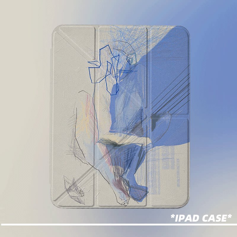 原创艺术蓝线坐姿第11代2026款air8ipadpro11寸三折ipad壳防弯y折亚克力a16平板壳9代10.2寸air7带笔槽