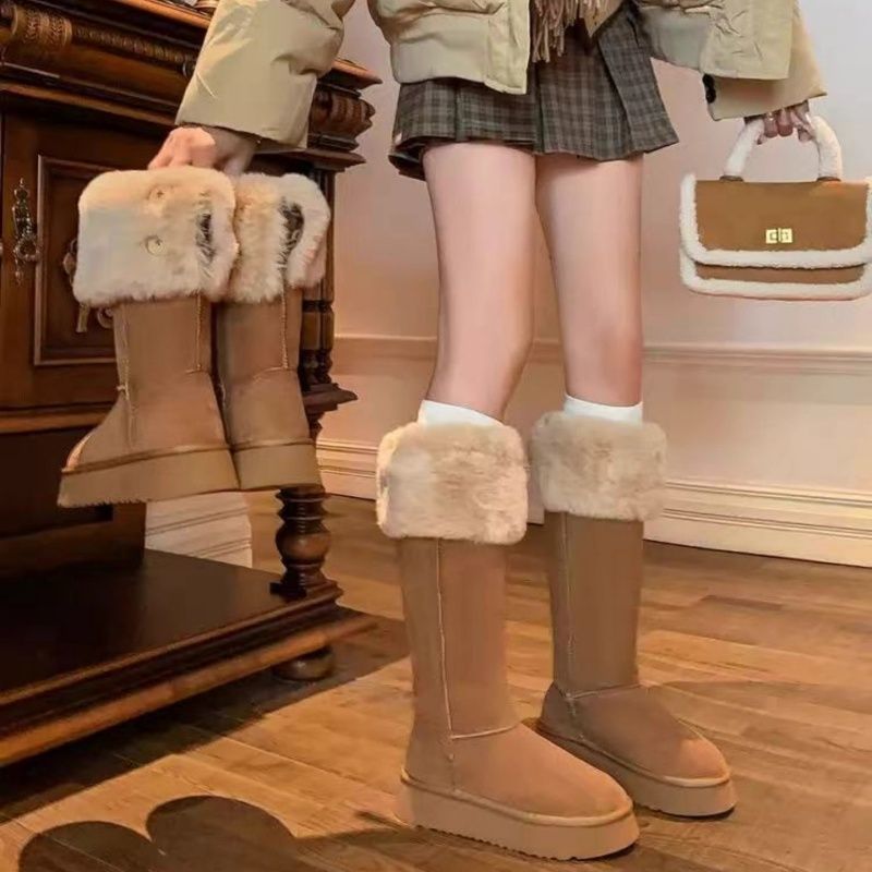 雪地靴女款2025新款冬季高级感两穿扣子长筒靴保暖东北毛毛靴