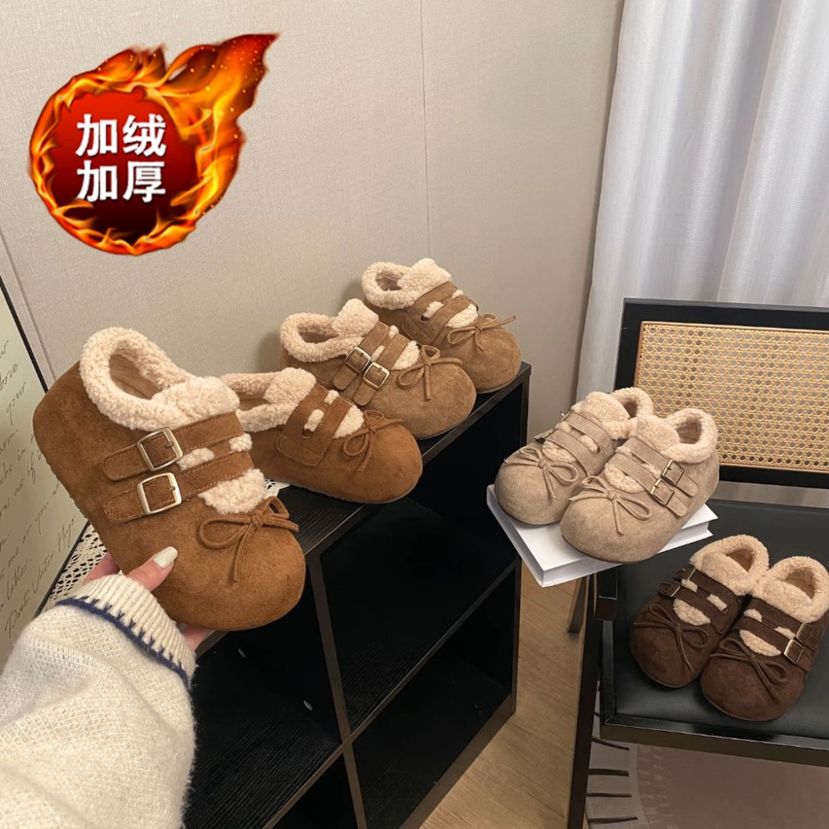 厚底韩版勃肯鞋加绒刺绣蝴蝶结女款2025冬季新款百搭冬款外穿棉鞋