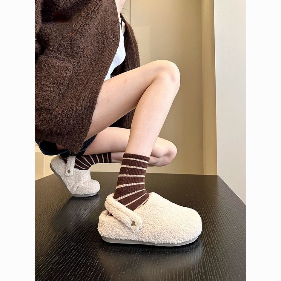 小众可爱两穿羊羔毛毛拖鞋女2025秋冬厚底加绒包头勃肯懒人一脚蹬